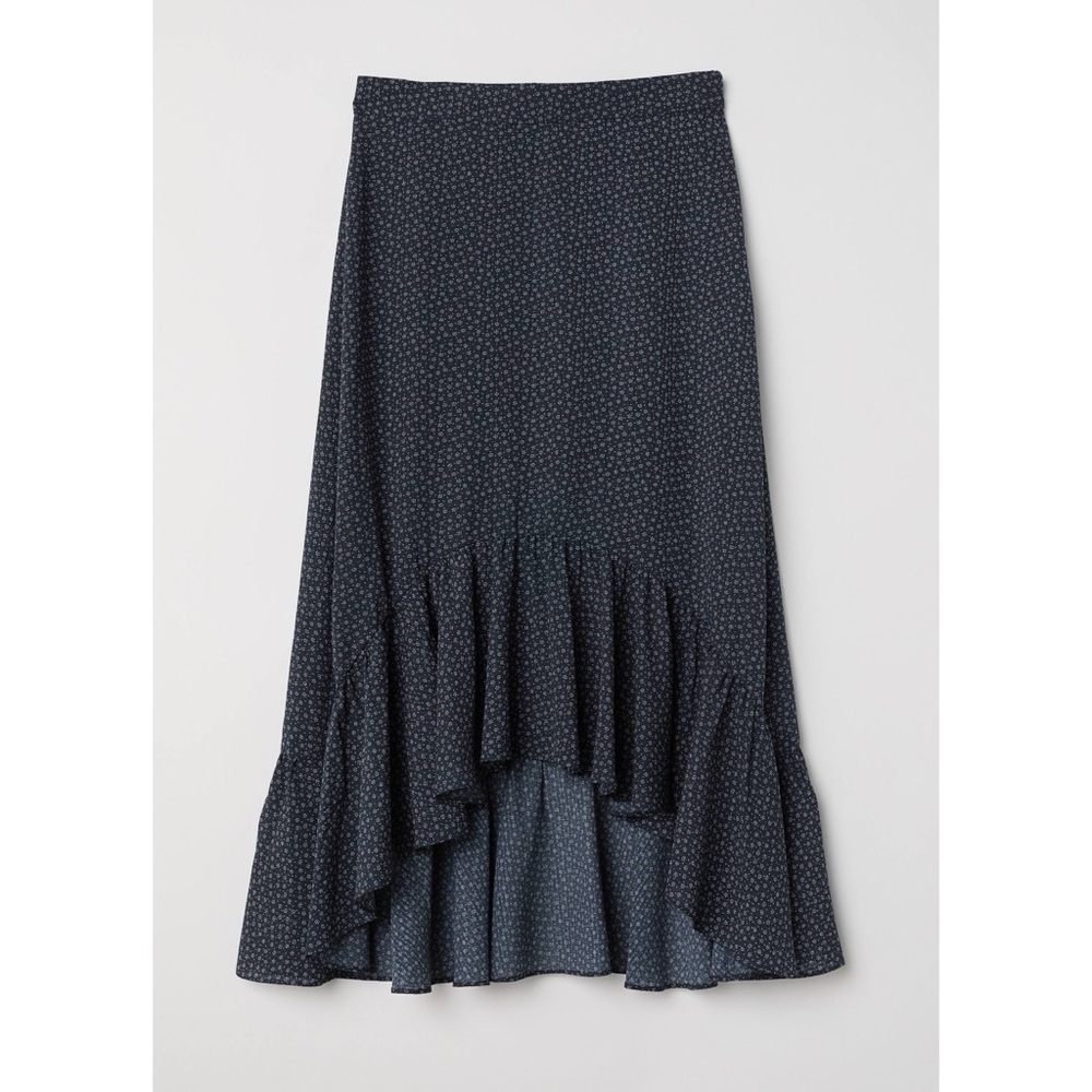 H&M Flounced Skirt Navy Blue White Floral Print Ruffle Hem